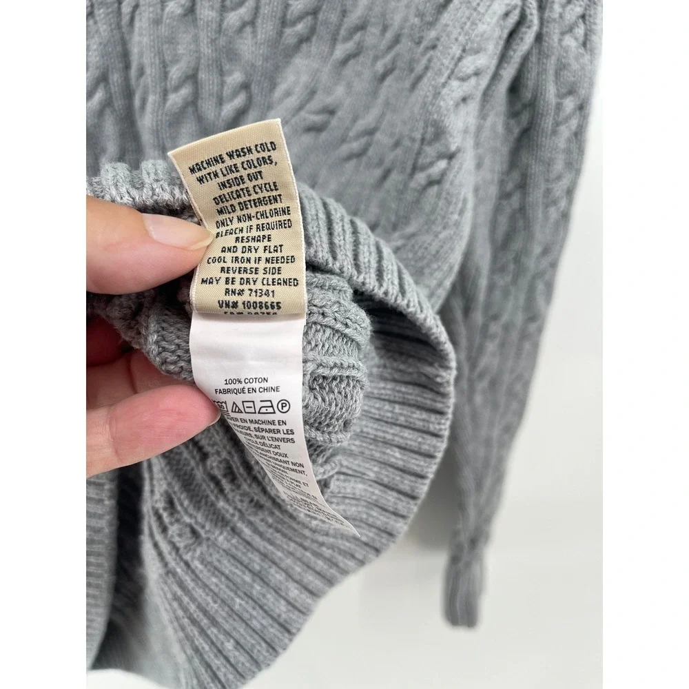 L.L. Bean Cable Knit Sweater Mens Medium Gray Excellent Split V-Neck Cotton